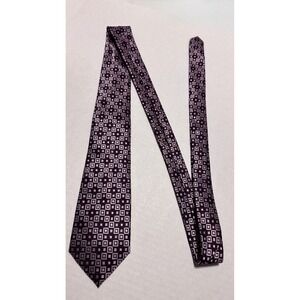 Berlioni Italy Purple Silver Geometric Square Pattern Silk Blend Necktie Tie
